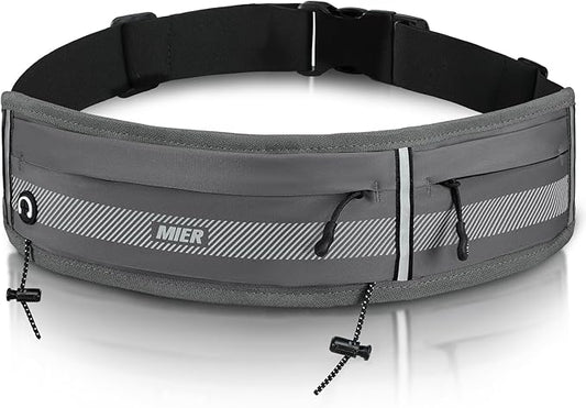 MIER Running Belt for Men Women Slim Fanny Pack Phone Holder Jogging Pouch with Marathon Bib Clip Runner Waist Pack for Walking Cycling for Keys, Cards & Essentials (Gray)