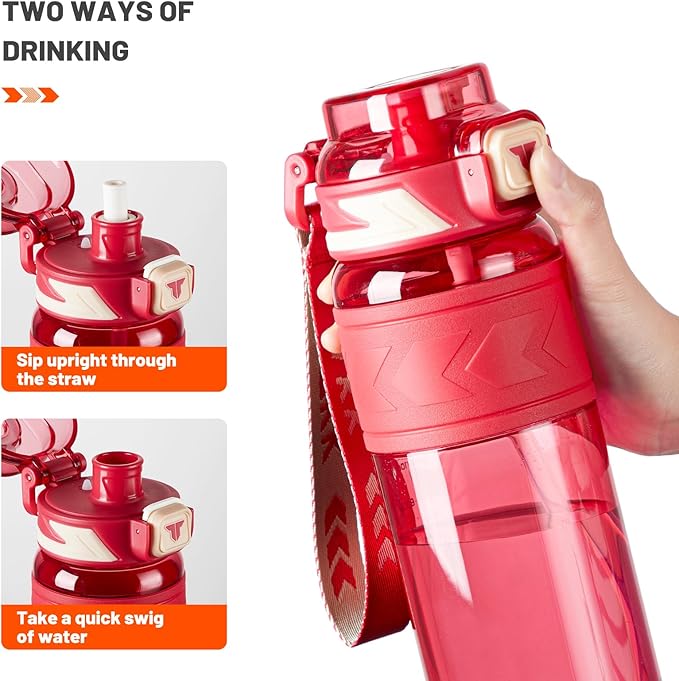 TKK Sports Water Bottles with Removable Straw 34 oz Leak-proof Flip Top Lid BPA Free Tritan Bottles with Strap for School, Fitness, Gym, Outdoor, Red