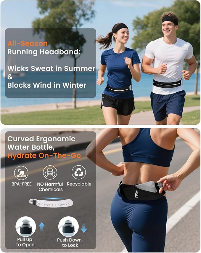 Running Belt for Women and Men, Adjustable Fanny Packs No Bounce Phone Holder for Running with Water Bottle & Headband, Waterproof Reflective Waist Packs, Fits All Phones (M-Black)