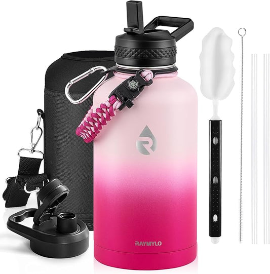 Insulated Water Bottle 64 oz, Triple Wall Vacuum Stainless Steel (Cold for 48 Hrs), Leak Proof & Non-BPA, Half Gallon Water Flask Jug with Paracord Handle & Straw Spout Lids, Ombre Pink