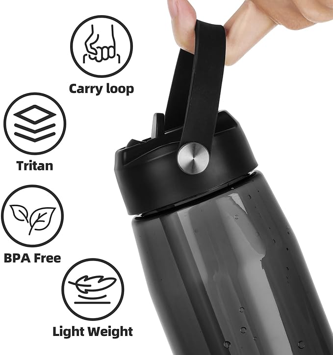 OLDLEY 32 oz Water Bottle with Straw, Leakproof Sports Water Bottle with Carry Strap, BPA-Free Large Water Bottles for Home,Travel, School, Outdoors, Gym, Tritan, Black