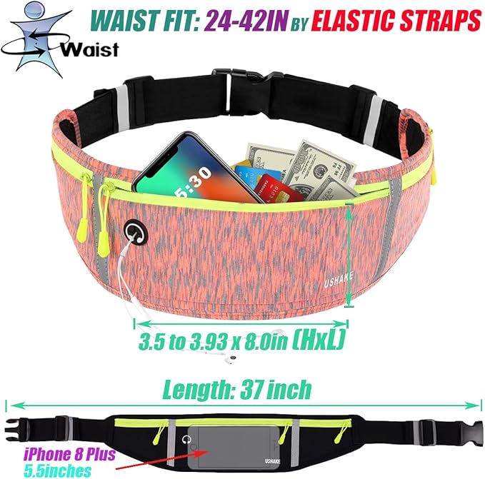USHAKE Slim Running Belt, Workout Fanny Pack for Men Women,Exercise Waist Pack for Apple iPhone Holder, Runner Belt for Running Walking Cycling Camping Gym