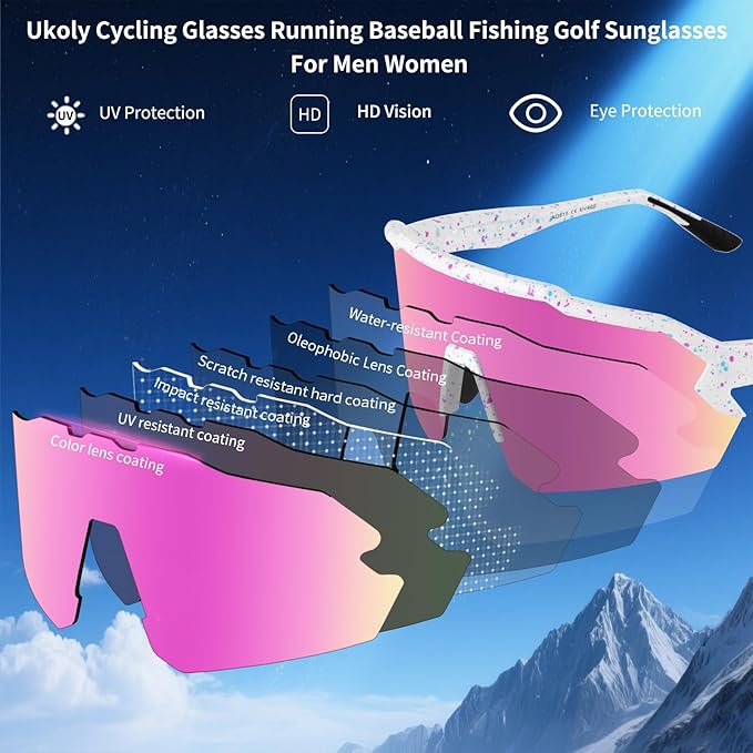 Ukoly Baseball Sunglasses For Men Women,Sports Sunglasses For Baseball Running Cycling UV400 protection TR90 Frame 615