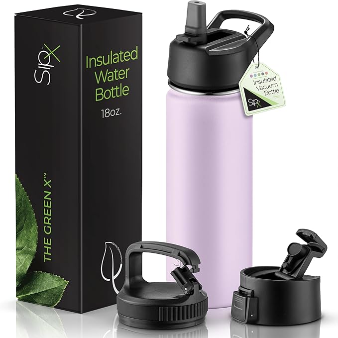 SipX™ 18 oz Insulated Water Bottle with 3 Lids – Leakproof Stainless Steel, Triple Insulated – Cold 24 Hours/Hot 12 Hours – Durable Bottle for School, Gym, Travel – Purple
