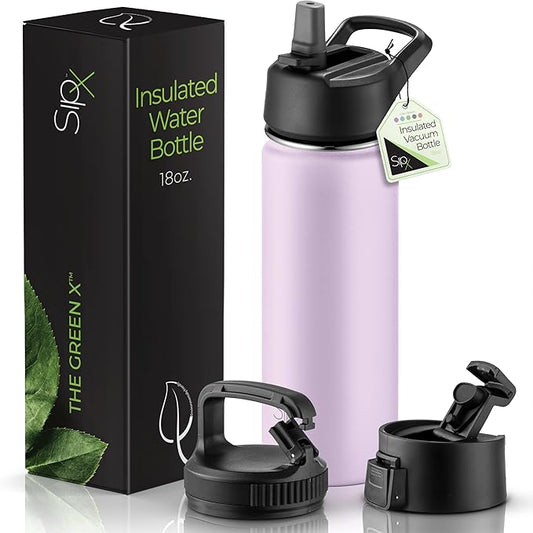 SipX™ 18 oz Insulated Water Bottle with 3 Lids – Leakproof Stainless Steel, Triple Insulated – Cold 24 Hours/Hot 12 Hours – Durable Bottle for School, Gym, Travel – Purple