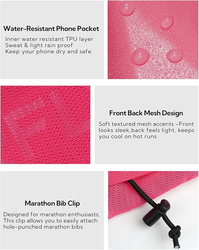 WATERFLY Running Belt Fanny Pack: Breathable 3 Pocket Waist Bag for Men Women Workout Exercise Fitness Phone Holder Fits All Phones - Runner Marathon Jogging Race Belt with Bib Clip Pink