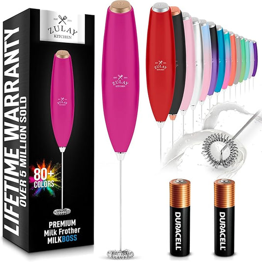Zulay Kitchen Handheld Milk Frother with Duracell AA Batteries – Ultra Fast Electric Mixer & Foam Maker, Easy-Clean Drink Mixer for Coffee & More Hot Pink Gold - 2B