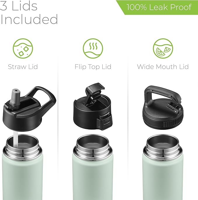 SipX™ 18 oz Insulated Water Bottle with 3 Lids – Leakproof Stainless Steel, Triple Insulated – Cold 24 Hours/Hot 12 Hours – Durable Bottle for School, Gym, Travel – Green