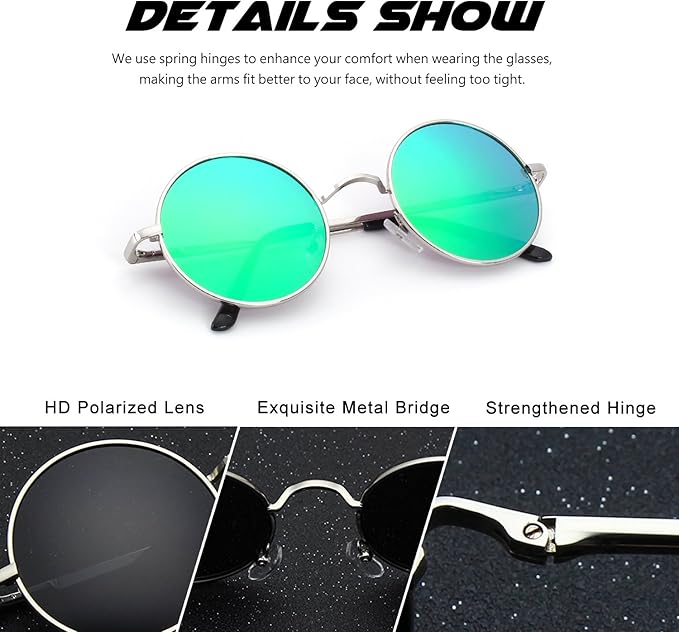 CGID Retro Round Polarized Sunglasses Mens Womens Circle Metal Hippie Shades UV400 Protection E01