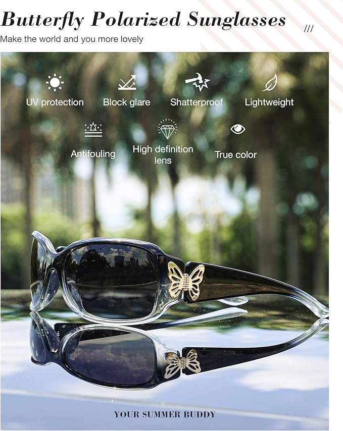IGnaef Polarized Sunglasses for Women, Trendy Wrap Around Jackie-O Style with Butterfly Decoration IF022