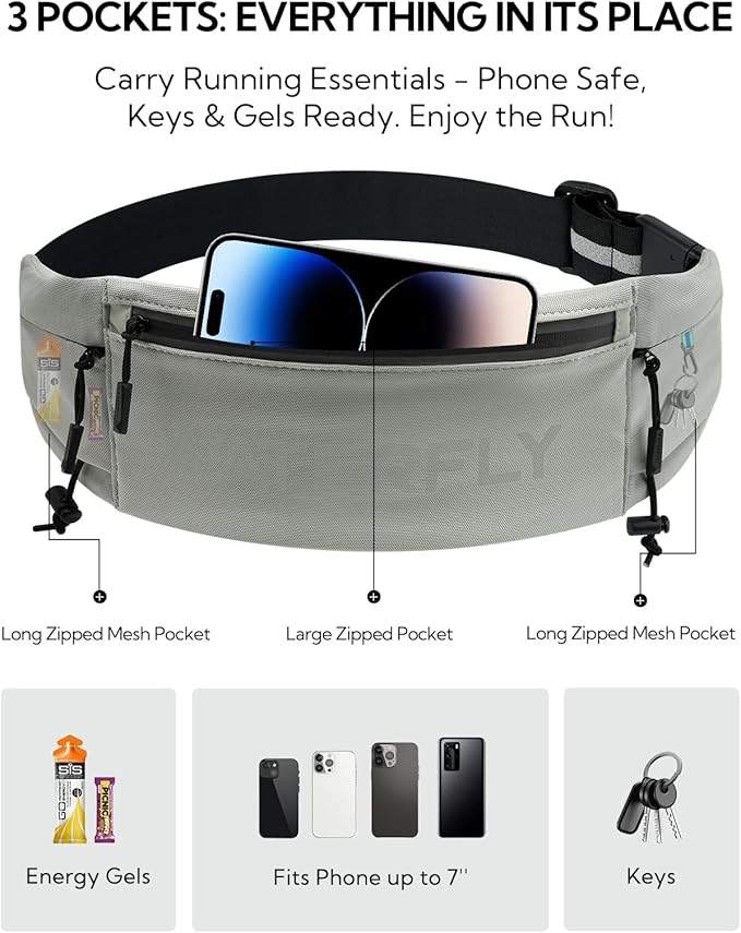 WATERFLY Running Belt Fanny Pack: Breathable 3 Pocket Waist Bag for Men Women Workout Exercise Fitness Phone Holder Fits All Phones - Runner Marathon Jogging Race Belt with Bib Clip Gray