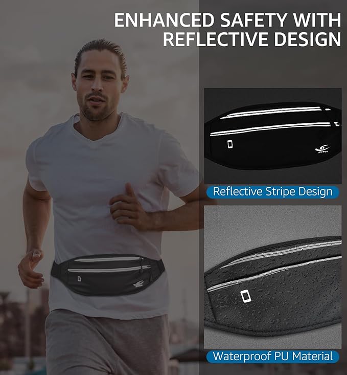 HiRui Slim Fanny Pack for Men Women, Adjustable Exercise Waist Pack Reflective Running Belt for Sports Workout Cycling Hiking, Casual Hands-Free Wallets Phone Bag Fits All Phones (Dark Gray)
