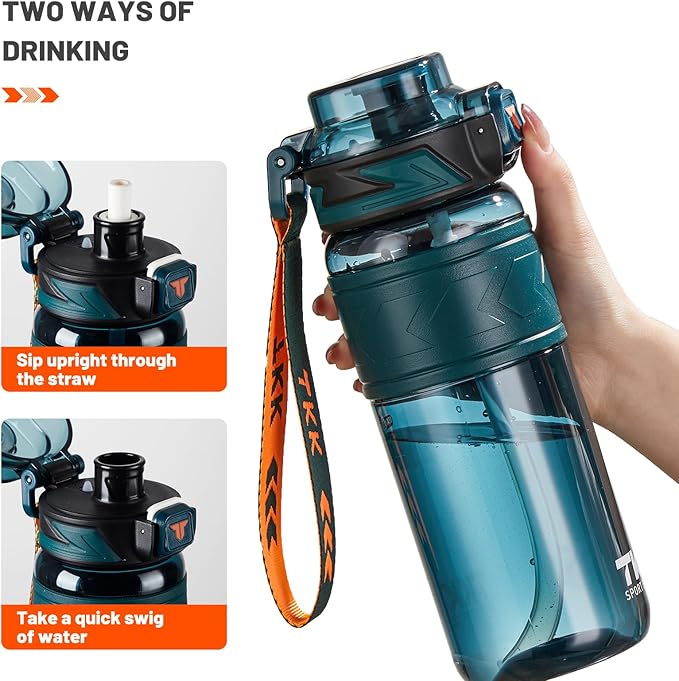 TKK Sports Water Bottles with Removable Straw 29 oz Leak-proof Flip Top Lid BPA Free Tritan Bottles with Strap for School, Fitness, Gym, Outdoor, Green