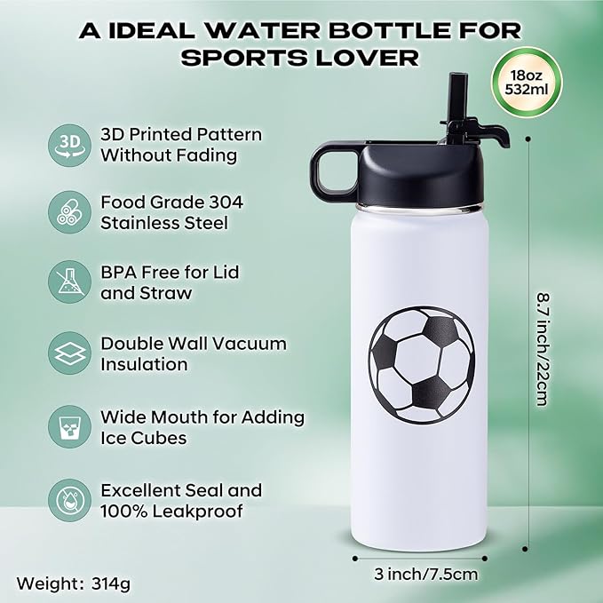 Soccer Water Bottles for Boys 18 oz and 100 PCS Soccer Stickers Sports Insulated Stainless Steel Water Bottle Accessories Stuff Gear Gifts For 8-12 12-14 Player
