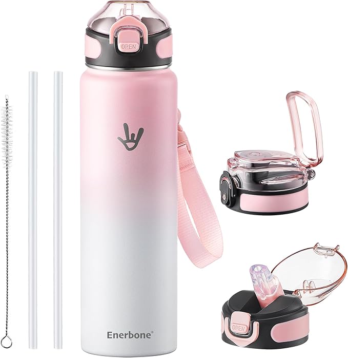 Enerbone 32 oz Insulated Water Bottle, 32oz 2 Lids (with Straw/No Straw), Stainless Steel Double Wall Flask for Hot & Cold Drinks, Leakproof Travel Bottle for Gym, Office, Hiking