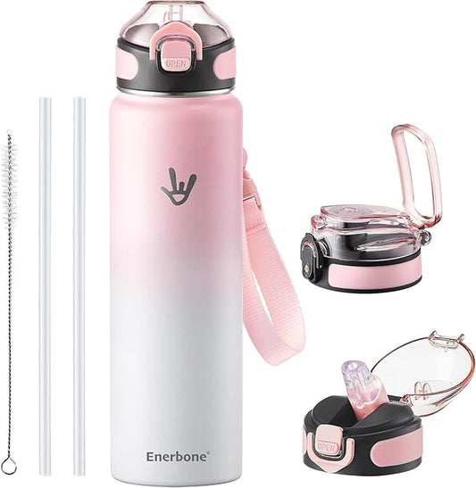 Enerbone 32 oz Insulated Water Bottle, 32oz 2 Lids (with Straw/No Straw), Stainless Steel Double Wall Flask for Hot & Cold Drinks, Leakproof Travel Bottle for Gym, Office, Hiking