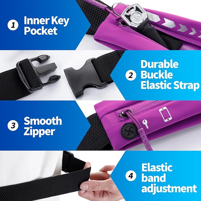USHAKE Slim Running Belt for Women Men-Runners Phone Holder Fanny Pack, Adjustable, Bounce Free Waist Pouch bag for Workout, Money Belt, Run Gear Accessories Purple
