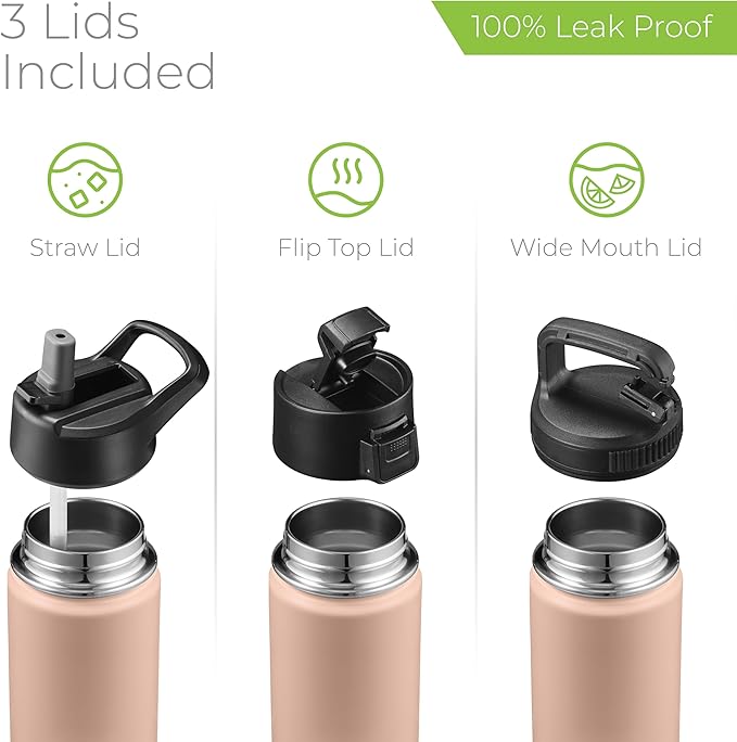 SipX™ 18 oz Insulated Water Bottle with 3 Lids – Leakproof Stainless Steel, Triple Insulated – Cold 24 Hours/Hot 12 Hours – Durable Bottle for School, Gym, Travel – Pink