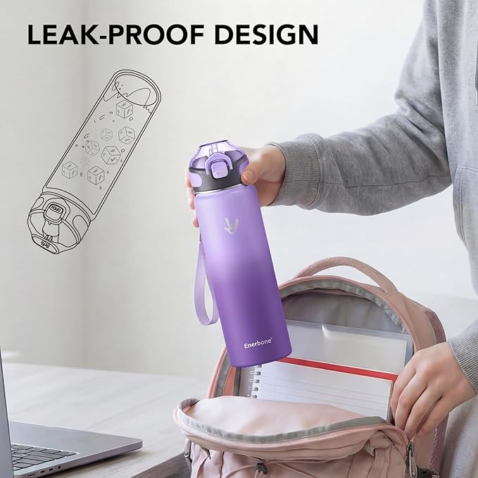 Enerbone 24 oz Insulated Water Bottle, 24oz 2 Lids (with Straw/No Straw), Stainless Steel Double Wall Flask for Hot & Cold Drinks, Leakproof Travel Bottle for Gym, Office, Hiking