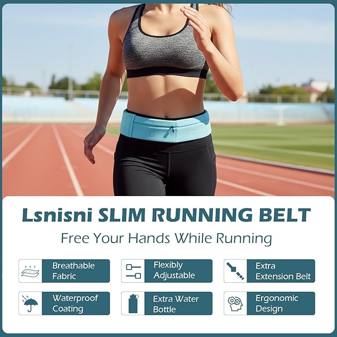 Lsnisni Slim Running Belt for Men and Women, Running Waist Pack with Water Bottle & Towel, Multi Pocket Fanny Pack - Phone Holder, Adjustable for Running, Climbing - Medium - Cyan