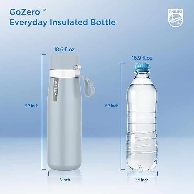 PHILIPS Water Bottle with Filter, Filter Water Bottle Stainless Steel with GoZero Everyday BPA-Free Tap Water Filter, Water Filter Bottle Keep Drink Cold 24 Hours, 1 Filter for 40 gal / 2 Months