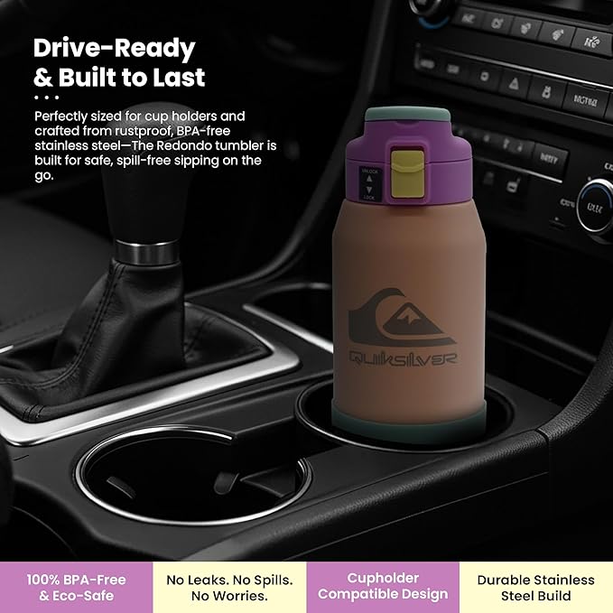 Quiksilver Redondo 32oz Double Wall Stainless Steel Water Bottle, Reusable Sports Bottle with Leak-Proof Lid, Non-Slip Rubber Base, Carrier Handle, insulated Tumblers, 24H Hot & Cold Beverage