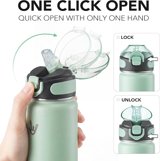 Enerbone 24 oz Insulated Water Bottle, 24oz 2 Lids (with Straw/No Straw), Stainless Steel Double Wall Flask for Hot & Cold Drinks, Leakproof Travel Bottle for Gym, Office, Hiking