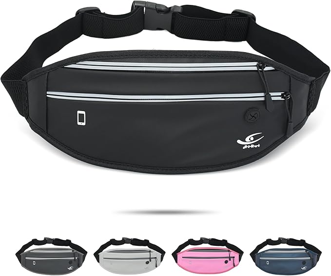 HiRui Slim Fanny Pack for Men Women, Adjustable Exercise Waist Pack Reflective Running Belt for Sports Workout Cycling Hiking, Casual Hands-Free Wallets Phone Bag Fits All Phones (Black)