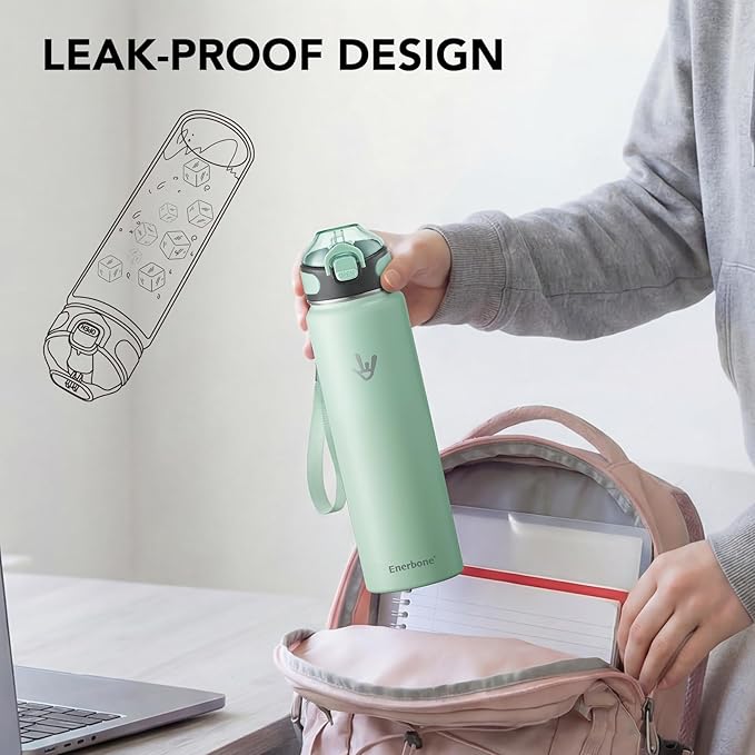 Enerbone 32 oz Insulated Water Bottle, 32oz 2 Lids (with Straw/No Straw), Stainless Steel Double Wall Flask for Hot & Cold Drinks, Leakproof Travel Bottle for Gym, Office, Hiking