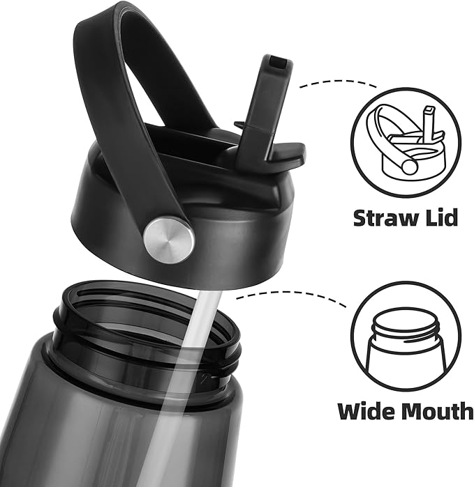 OLDLEY 32 oz Water Bottle with Straw, Leakproof Sports Water Bottle with Carry Strap, BPA-Free Large Water Bottles for Home,Travel, School, Outdoors, Gym, Tritan, Black
