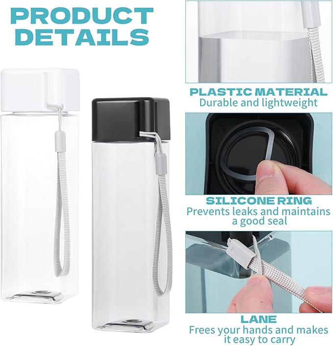 16 PCS Plastic Water Bottle Bulk 15oz Reusable Sports Water Bottle with Handle Strap, Leakproof Lightweight Portable Waterbottle for School Gym Fitness Travel (Black&White, Rectangle)