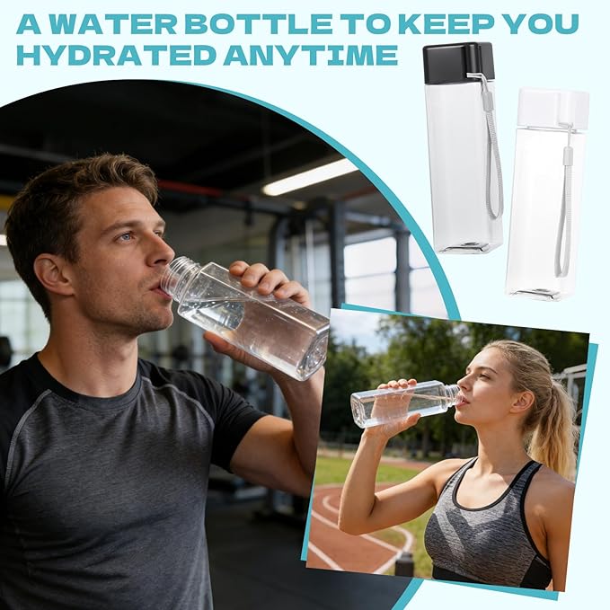 16 PCS Plastic Water Bottle Bulk 15oz Reusable Sports Water Bottle with Handle Strap, Leakproof Lightweight Portable Waterbottle for School Gym Fitness Travel (Black&White, Rectangle)