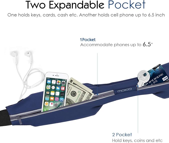 MoKo Sports Running Belt,Outdoor Dual Pouch Sweatproof Reflective Slim Waist Pack,Fitness Workout Belt Fanny Pack Compatible with iPhone 11/11 Pro Max/X/Xr/Xs Max/8/7, Galaxy Note 10/10 Plus, S20/S10