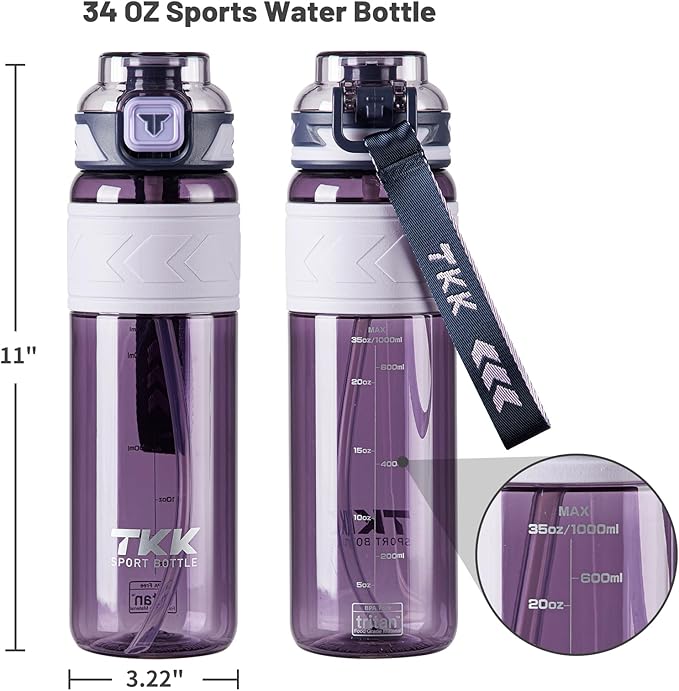 TKK Sports Water Bottles with Removable Straw 34 oz Leak-proof Flip Top Lid BPA Free Tritan Bottles with Strap for School, Fitness, Gym, Outdoor, Purple