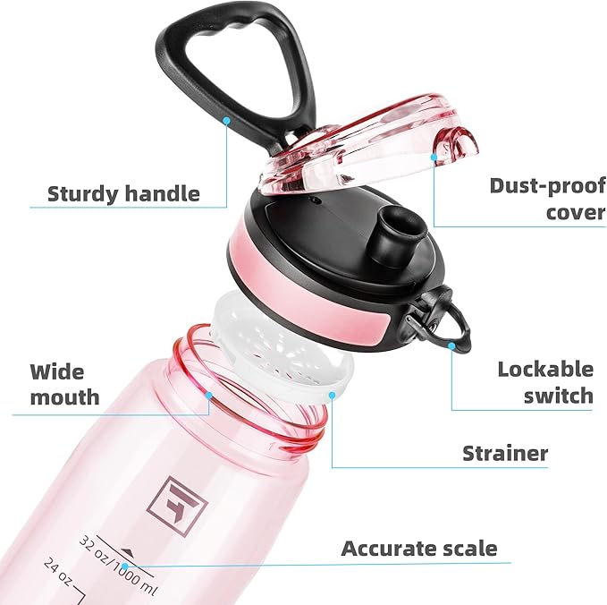 Fanhaw 32 oz Tritan Water Bottle with Chug Lid - Clear, BPA-Free, Lightweight, Wide Mouth, Leak-Proof, Perfect for Gym, Travel, School, Office, and Sports (Cherry Blossom)