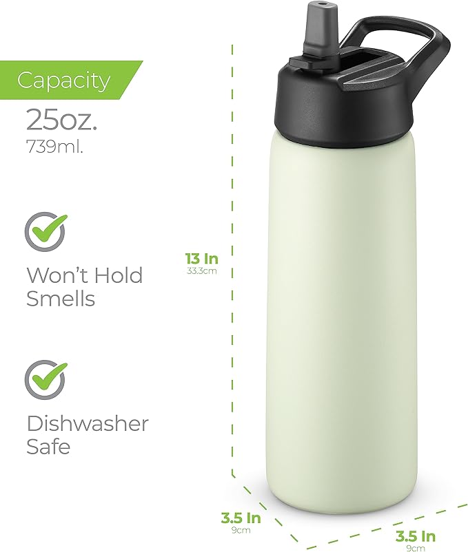 SIPX™ 25 oz Insulated Water Bottle with 3 Lids – Leakproof Stainless Steel, Triple Insulated – Cold 24 Hours/Hot 12 Hours – Durable Bottle for School, Gym, Travel – Green