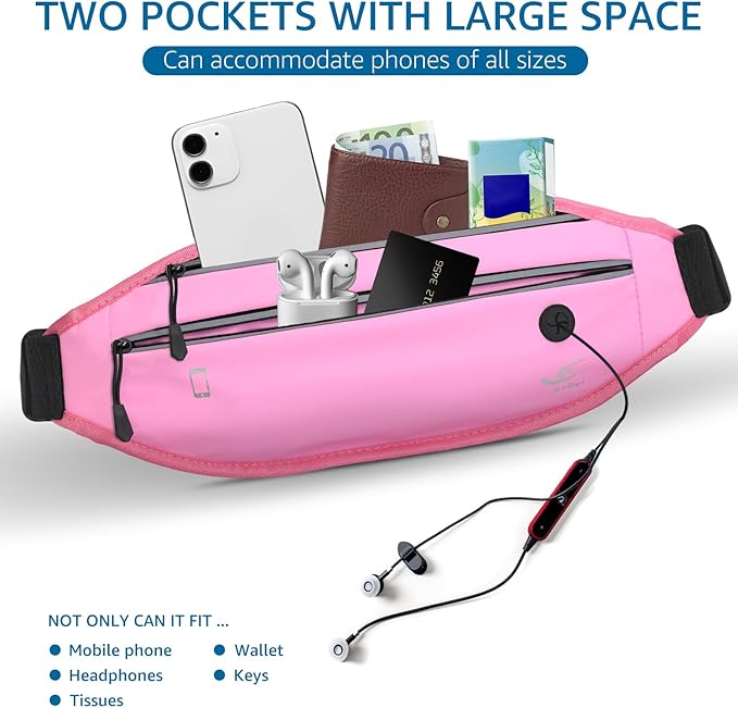 HiRui Slim Fanny Pack for Men Women, Adjustable Exercise Waist Pack Reflective Running Belt for Sports Workout Cycling Hiking, Casual Hands-Free Wallets Phone Bag Fits All Phones (Pink)