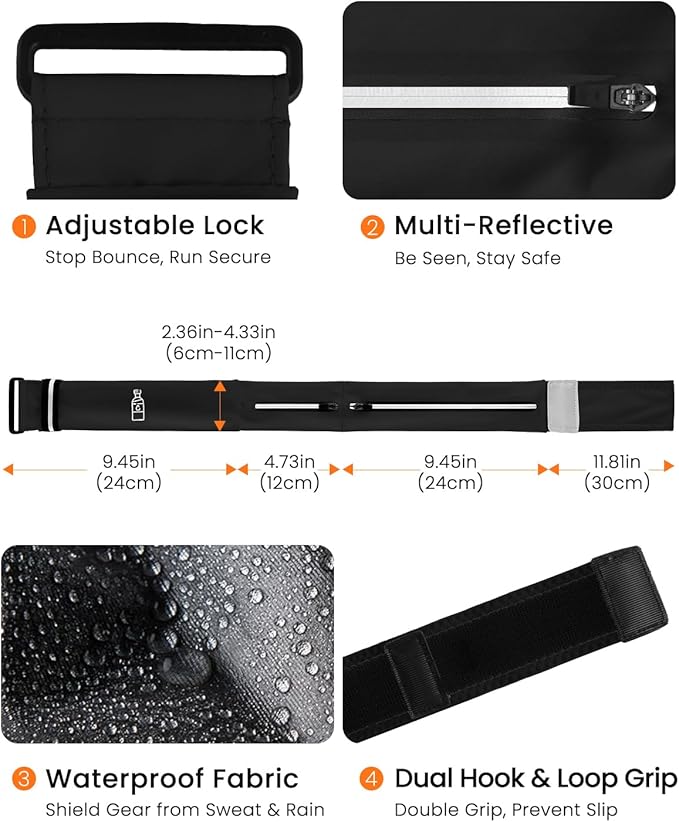 Running Belt for Women and Men, Adjustable Fanny Packs No Bounce Phone Holder for Running with Water Bottle & Headband, Waterproof Reflective Waist Packs, Fits All Phones (M-Black)