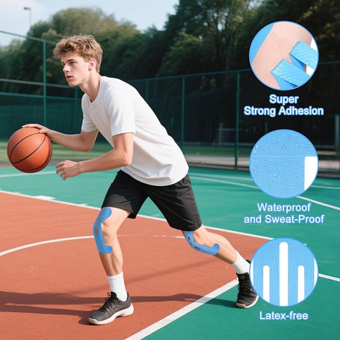 10 Pcs Precut Kinesiology Tape for Knees,Kinesiology Ankle Tape,Waterproof Elastic Knee Kinetic Tape,Breathable Latex-Free Tape for Knee Support and Stability,Pain Relief(Blue)