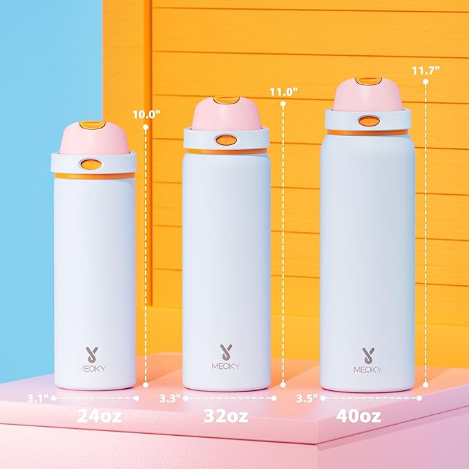 40 oz Insulated Water Bottle with Straw: Meoky Stainless Steel Metal Water Bottle with 2-in-1 Lid - Leak Proof, Cold for 24 Hours, Protective Silicone Base, BPA-Free for Gym Sports, Periwinkle