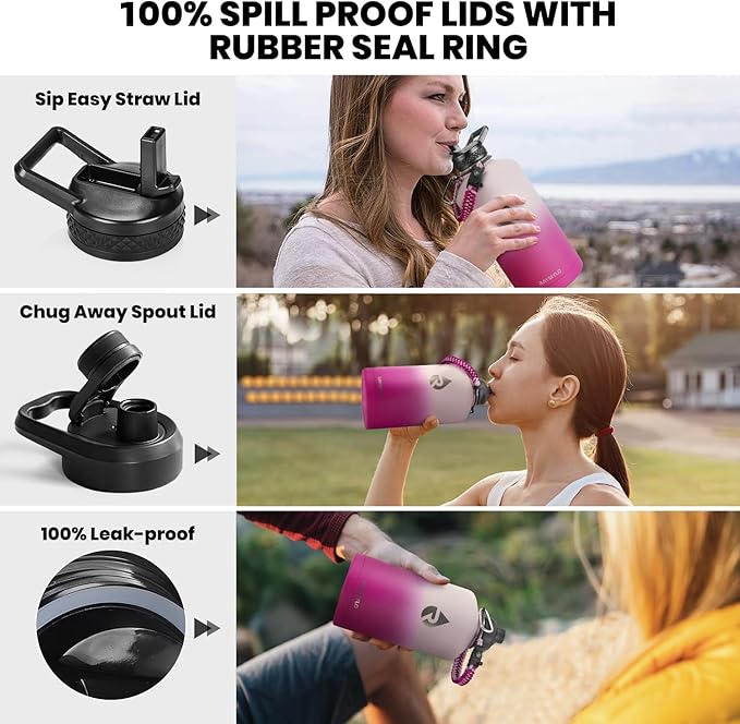 One Gallon Water Bottle Insulated, Triple Walled Vacuum Stainless Steel (Cold for 48 Hrs), Leak Proof & Non-BPA, Large Water Flask Jug with Paracord Handle & Straw Spout Lids