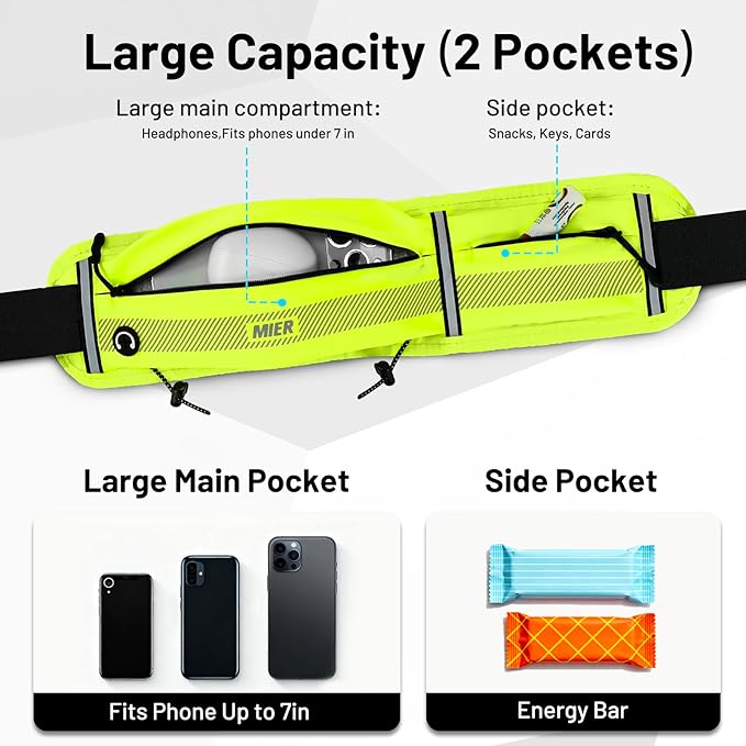 MIER Running Belt for Men Women Slim Fanny Pack Phone Holder Jogging Pouch with Marathon Bib Clip Runner Waist Pack for Walking Cycling for Keys, Cards & Essentials (Neon Yellow)