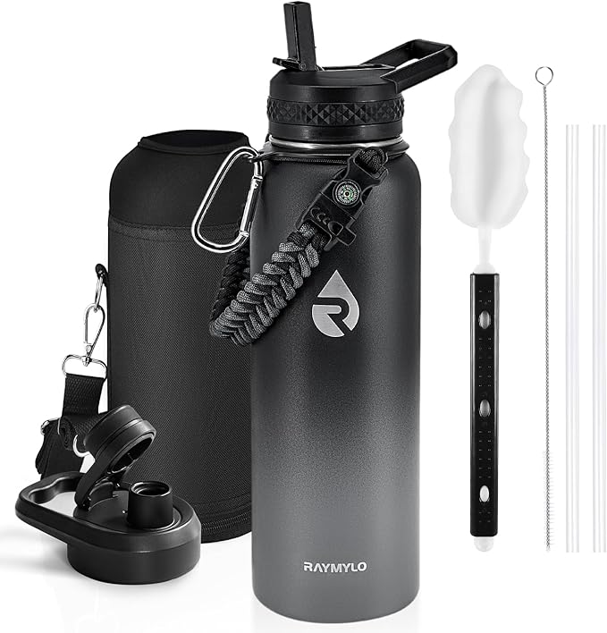Insulated Water Bottle 40 oz, Triple Wall Vacuum Stainless Steel (Cold for 48 Hrs), Leak Proof & Non-BPA, Modern Water Flask Jug with Paracord Handle & Straw Spout Lids, Dark Grey