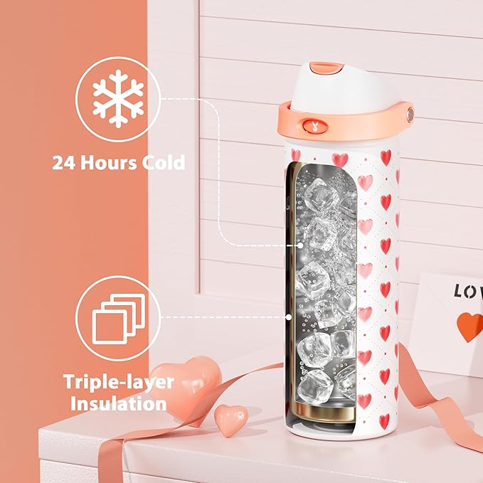 24 oz Valentine's Day Water Bottle: Meoky Stainless Steel Water Bottle with Straw and Spout Lid - Leak Proof, Cold for 24 Hours, Fits in Car Cup Holder, Valentines Day Gifts for Her Women Girls, Amora