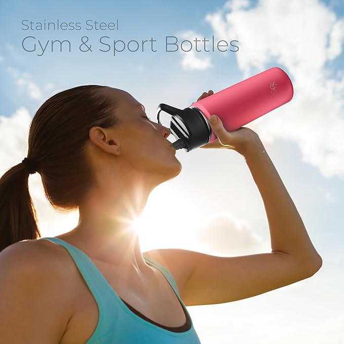 SipX™ 18 oz Insulated Water Bottle with 3 Lids – Leakproof Stainless Steel, Triple Insulated – Cold 24 Hours/Hot 12 Hours – Durable Bottle for School, Gym, Travel – Red
