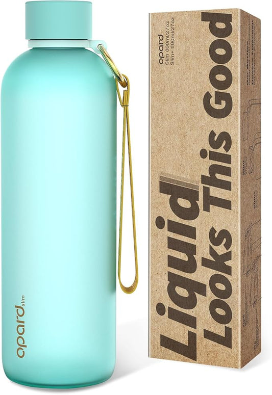 Opard Slim Water Bottle 27oz, Dishwasher Safe Plastic Water Bottle BPA-Free, Leakproof Screw Top, Aqua Green, Reusable for Travel School Sport Gym Hiking