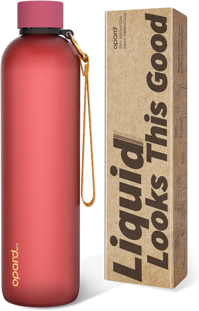 Opard Slim Water Bottle 32oz, Dishwasher Safe Plastic Water Bottle BPA-Free, Leakproof Screw Top, Cranberries Red, Reusable for Travel School Sport Gym Hiking