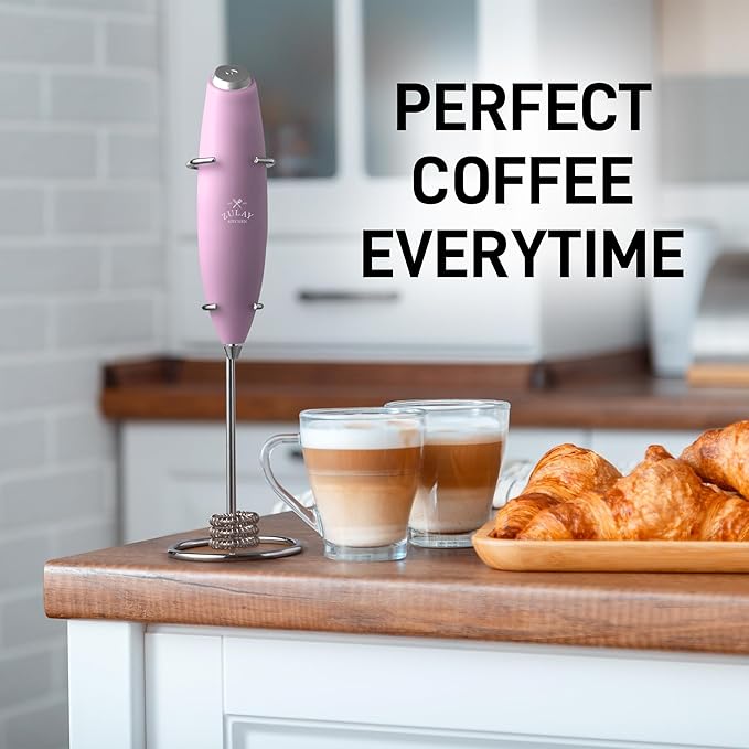 Zulay Kitchen Tornado Whisk Milk Frother with 4 AA Duracell Batteries - Triple Whisk for More Power - Handheld Coffee Frother with Stand - Drink Mixer for Lattes, Matcha & Protein Shakes