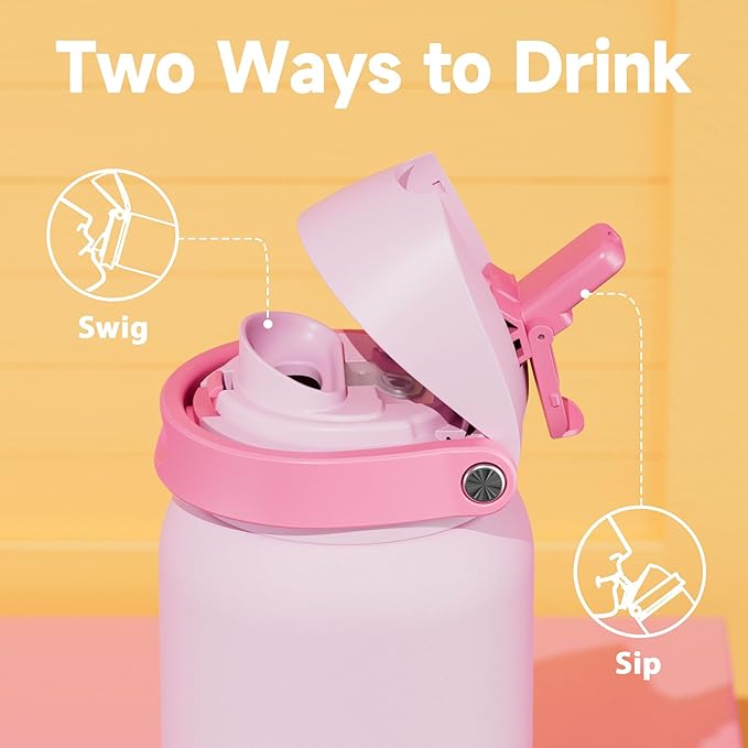 40 oz Insulated Water Bottle for Sports: Meoky Stainless Steel Water Bottle with 2-in-1 Straw and Spout Lid - Leak Proof, Cold for 24 Hours, Protective Silicone Base, BPA-Free for Women Gym, Blush