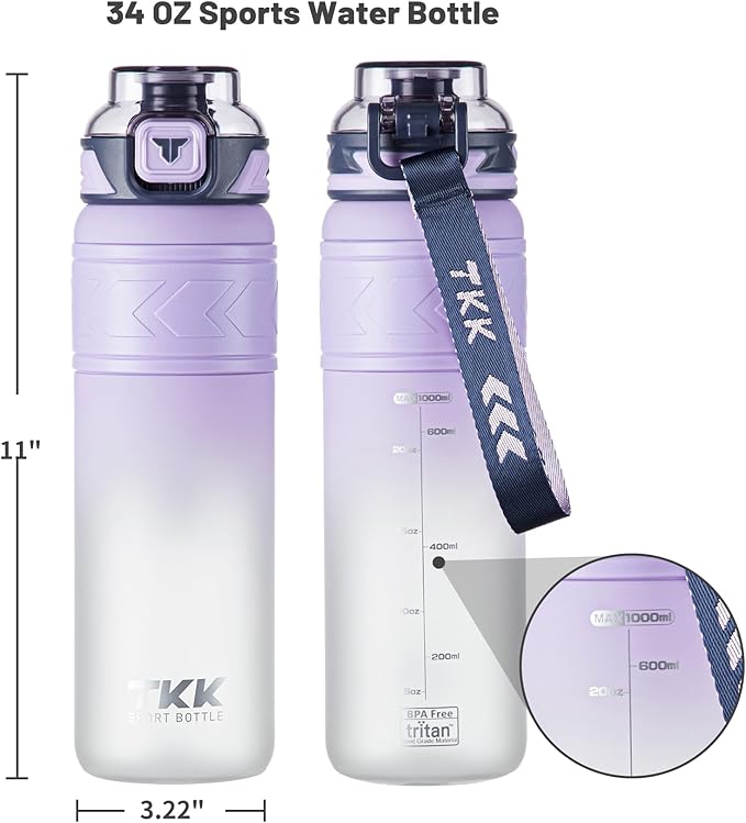 TKK Sports Water Bottles with Removable Straw 34 oz Leak-proof Flip Top Lid BPA Free Tritan Bottles with Strap for School, Fitness, Gym, Outdoor, Purple-White